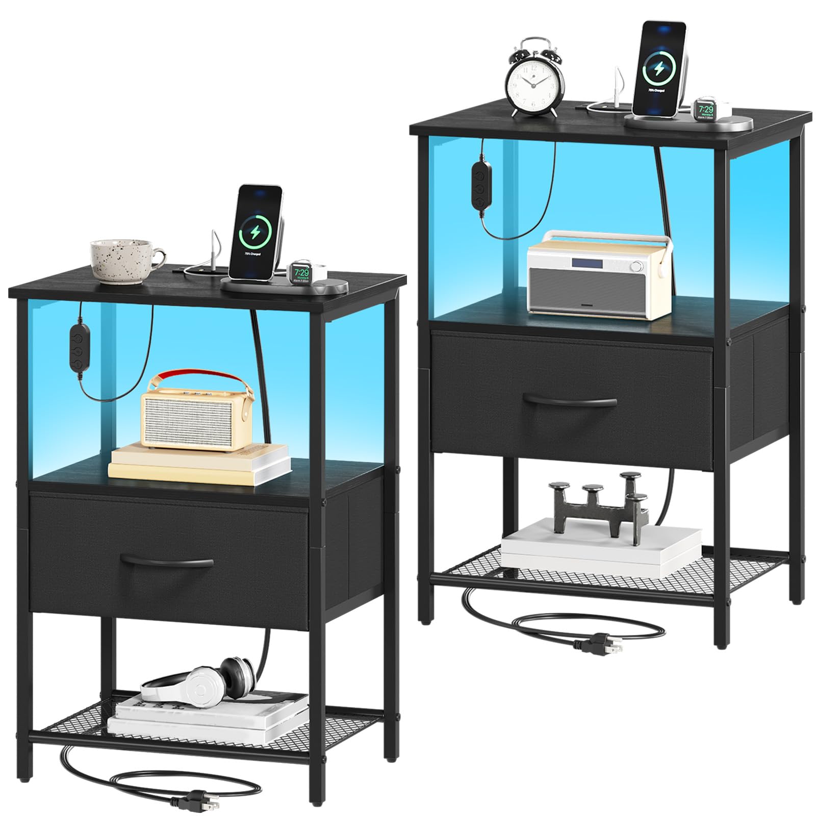 Somdot black nightstand 2-pack with charging station keeps bedside devices powered and organized.
