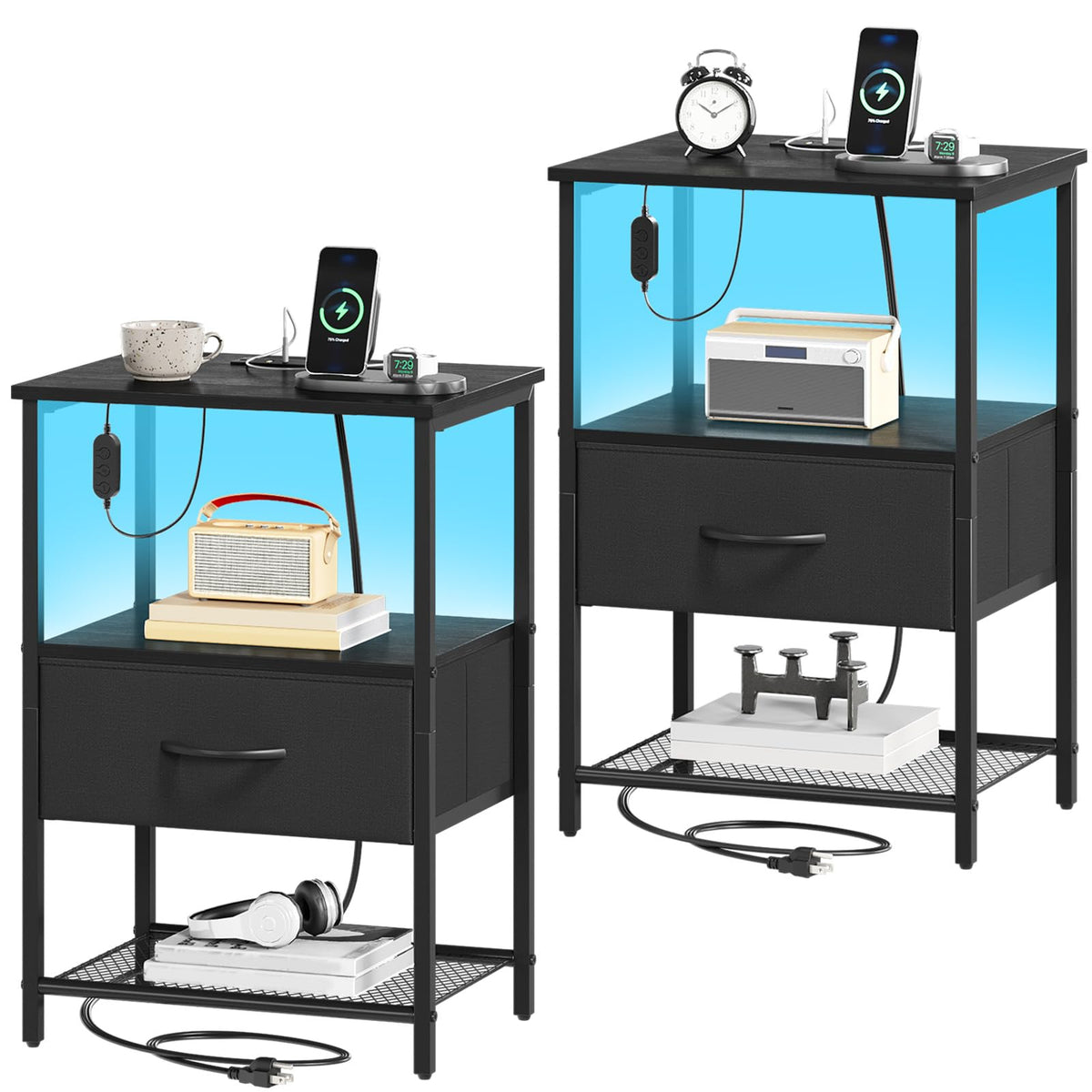 Somdot black nightstand 2-pack with charging station keeps bedside devices powered and organized.