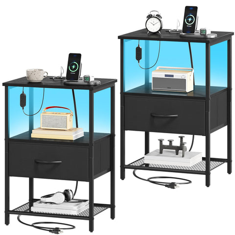 Somdot black nightstand 2-pack with charging station keeps bedside devices powered and organized.