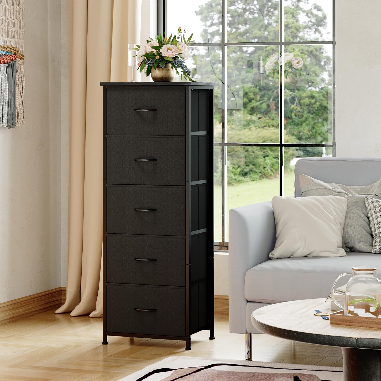 Somdot dresser in black finish enhances bedroom decor.