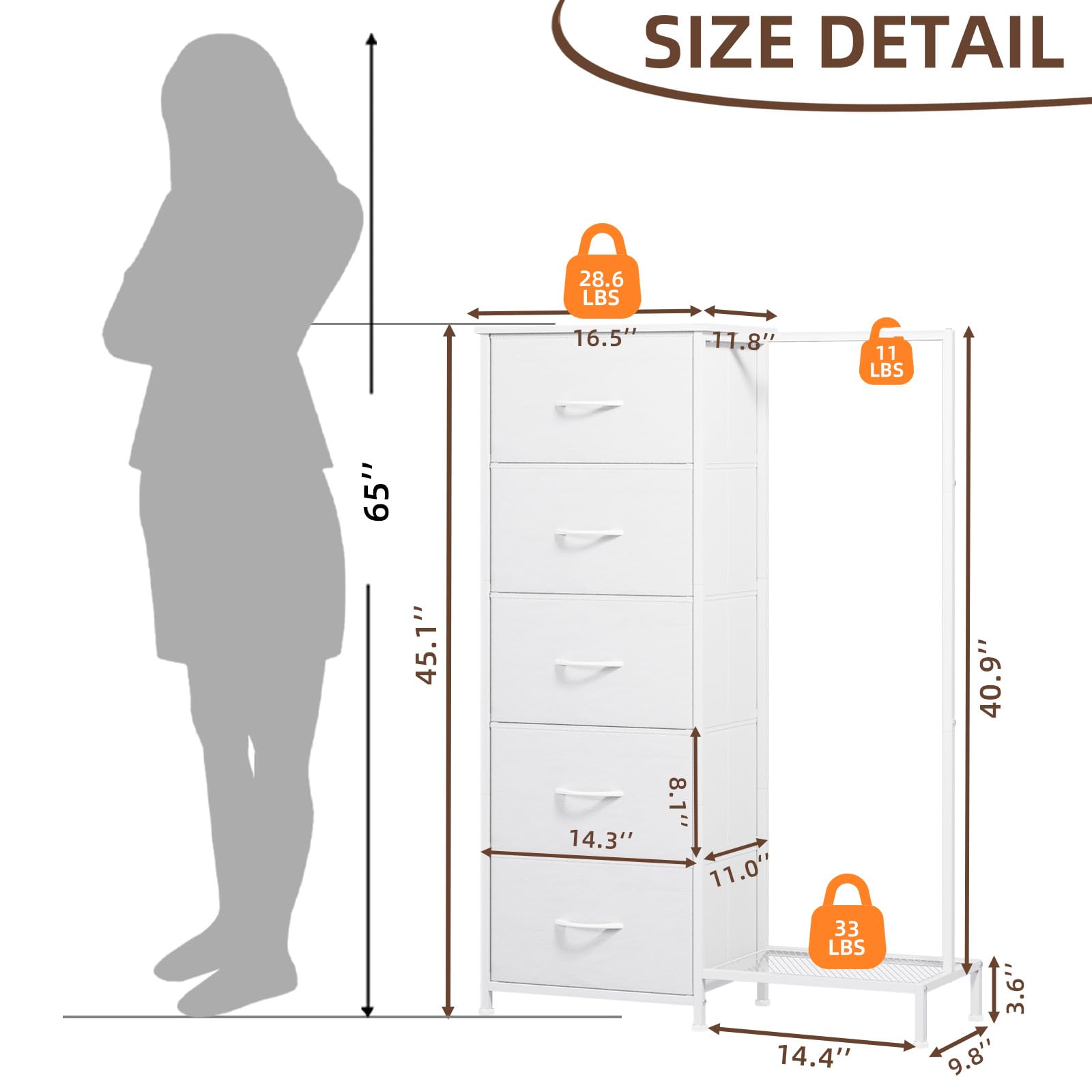 Somdot five-drawer dresser provides ample storage for folded clothes and accessories.