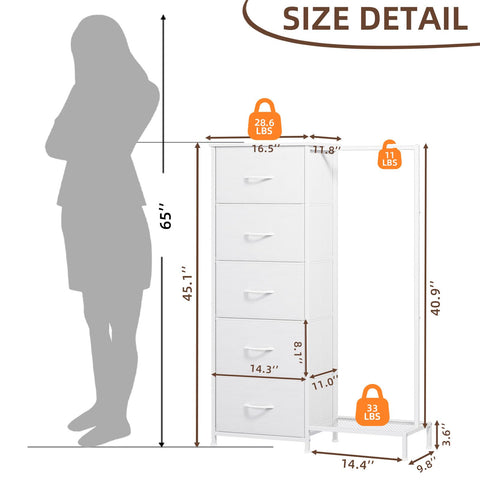 Somdot five-drawer dresser provides ample storage for folded clothes and accessories.