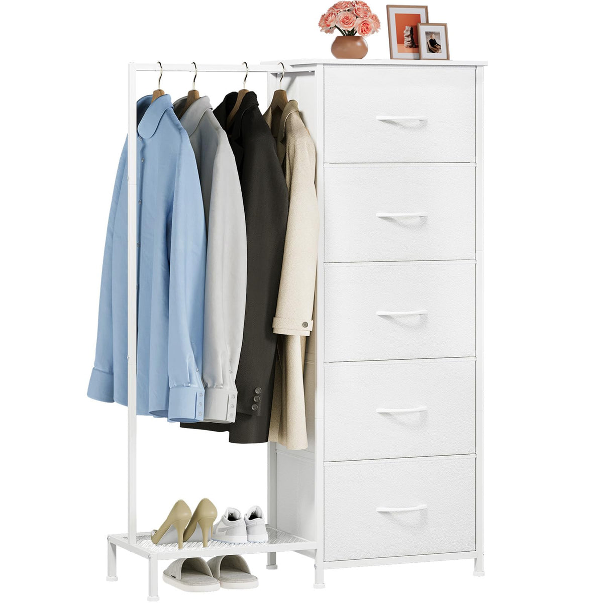 Somdot dresser with clothes rack and side rod for organized hanging garments.