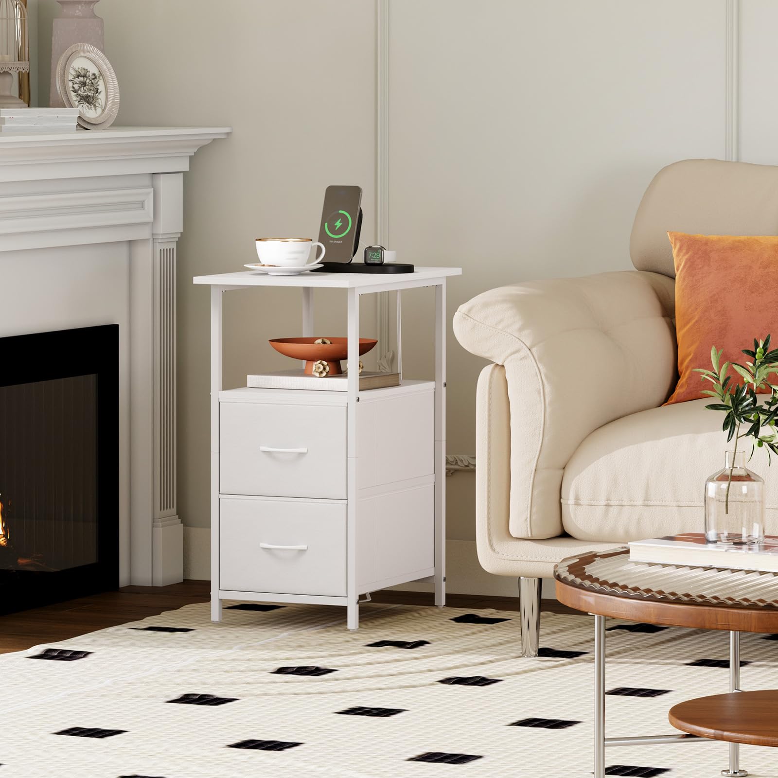 Somdot narrow side table with two fabric drawers, great for clutter-free living room storage.