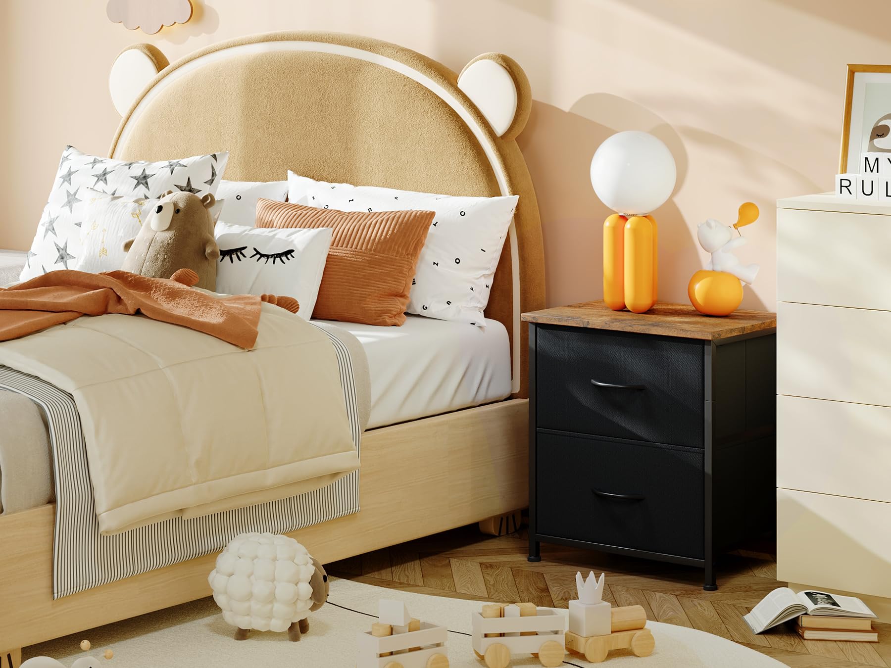 Somdot nightstand beside bed with lamp and fabric bin offers organized space.