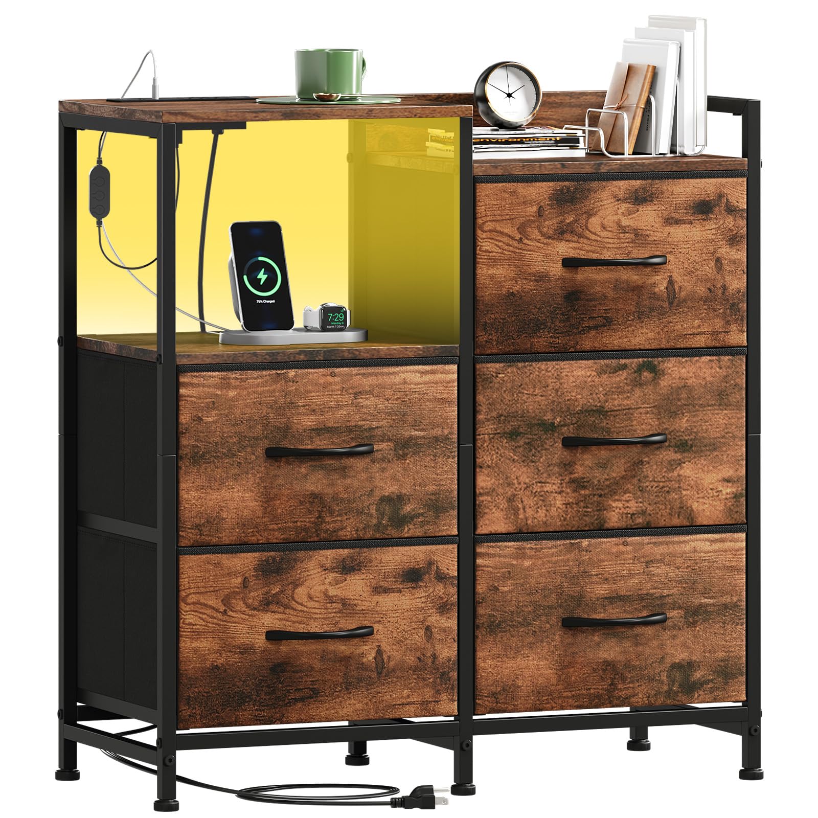 Somdot nightstand with charging ports at bedside for easy device access.