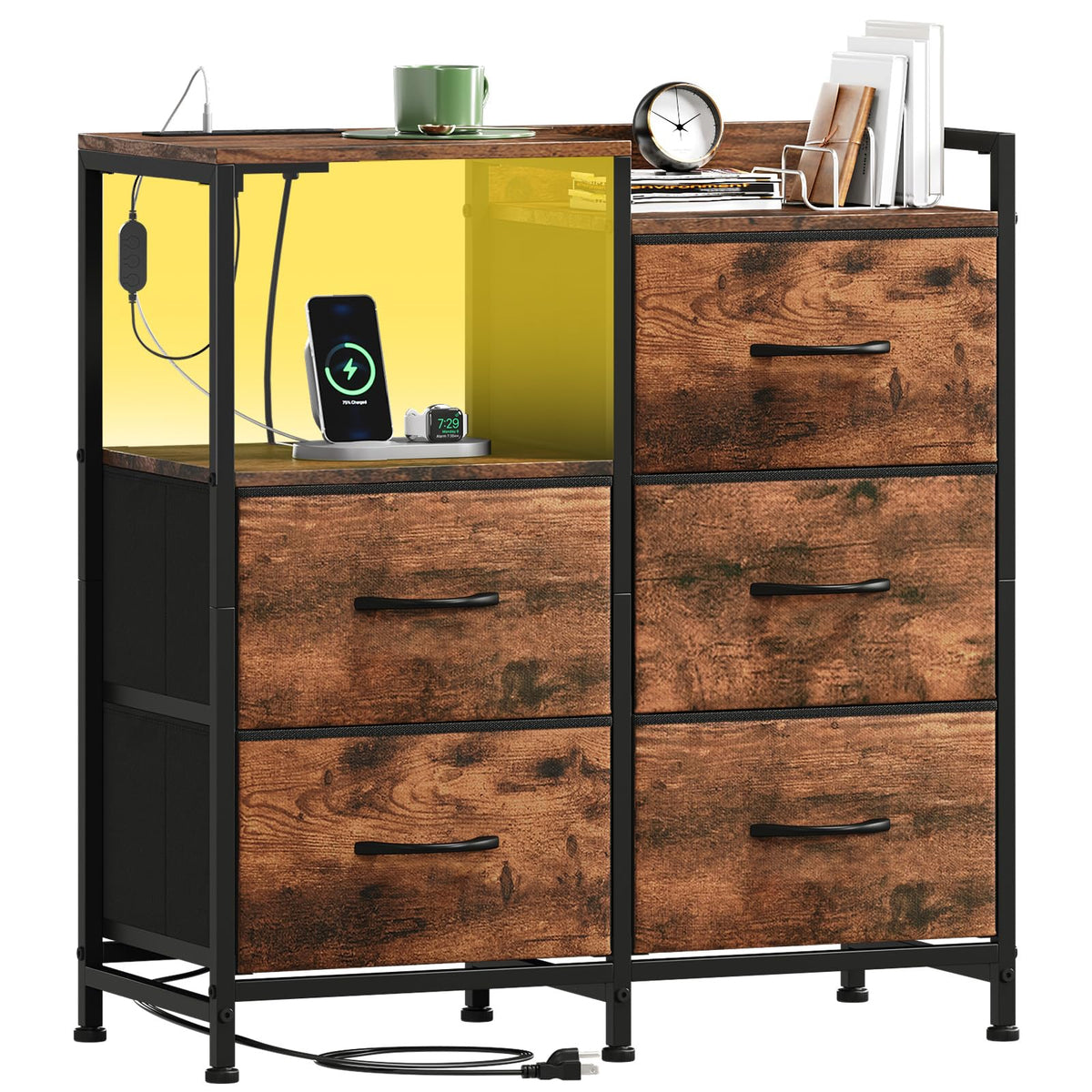 Somdot nightstand with charging ports at bedside for easy device access.