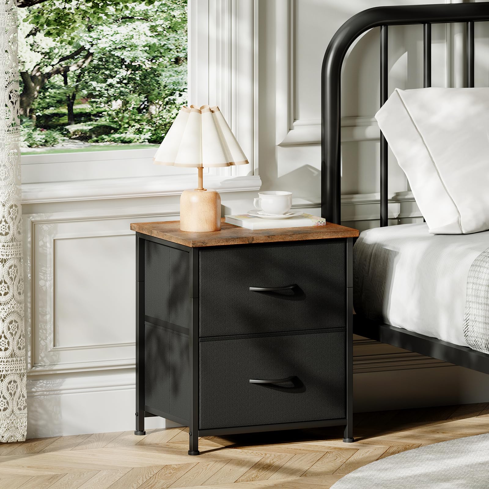 Somdot nightstand with open fabric drawers for easy access to essentials.