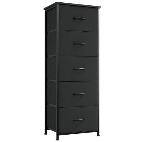 Somdot tall dresser with five drawers provides compact bedroom storage.
