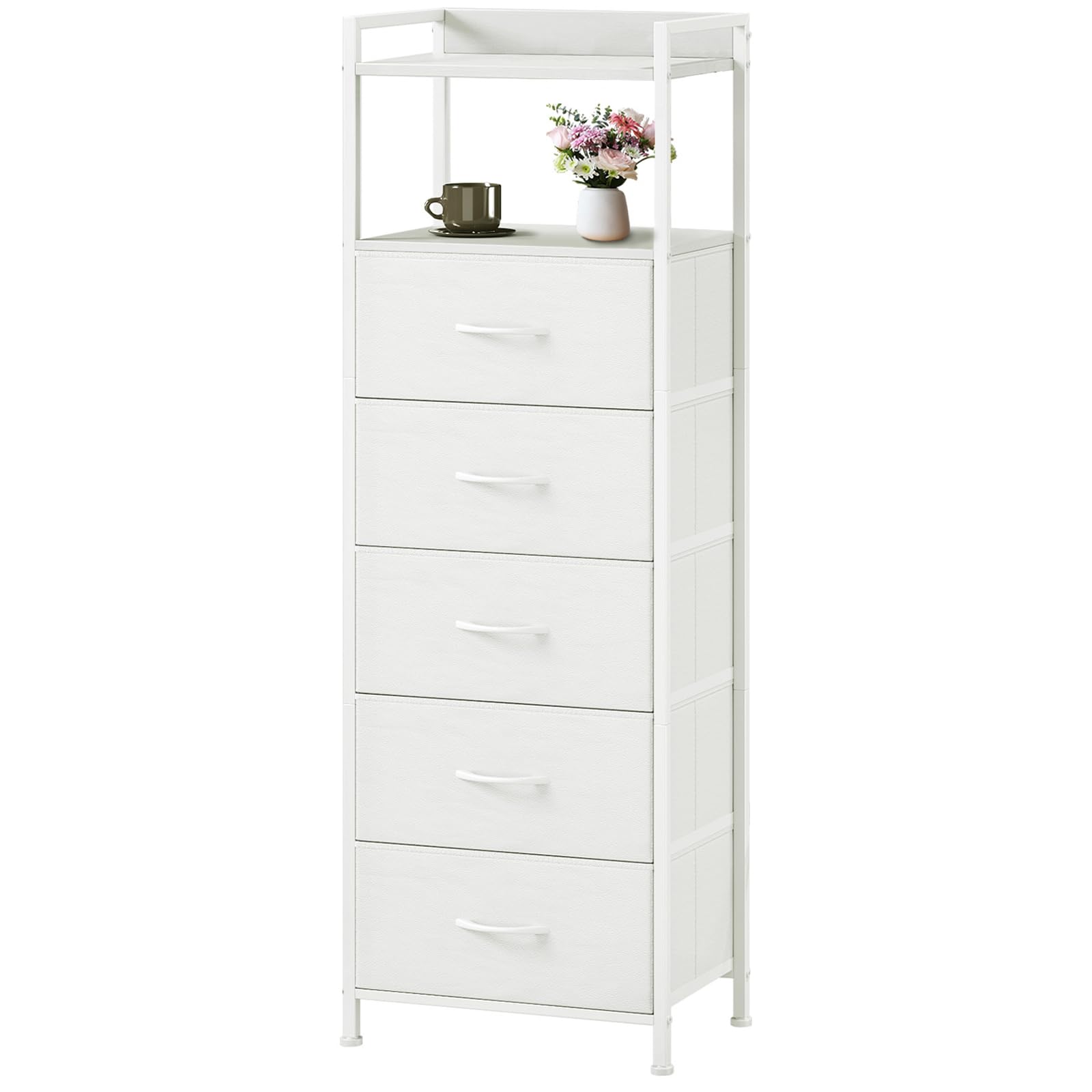 Somdot tall dresser with five fabric drawers in the bedroom keeps clothing organized.