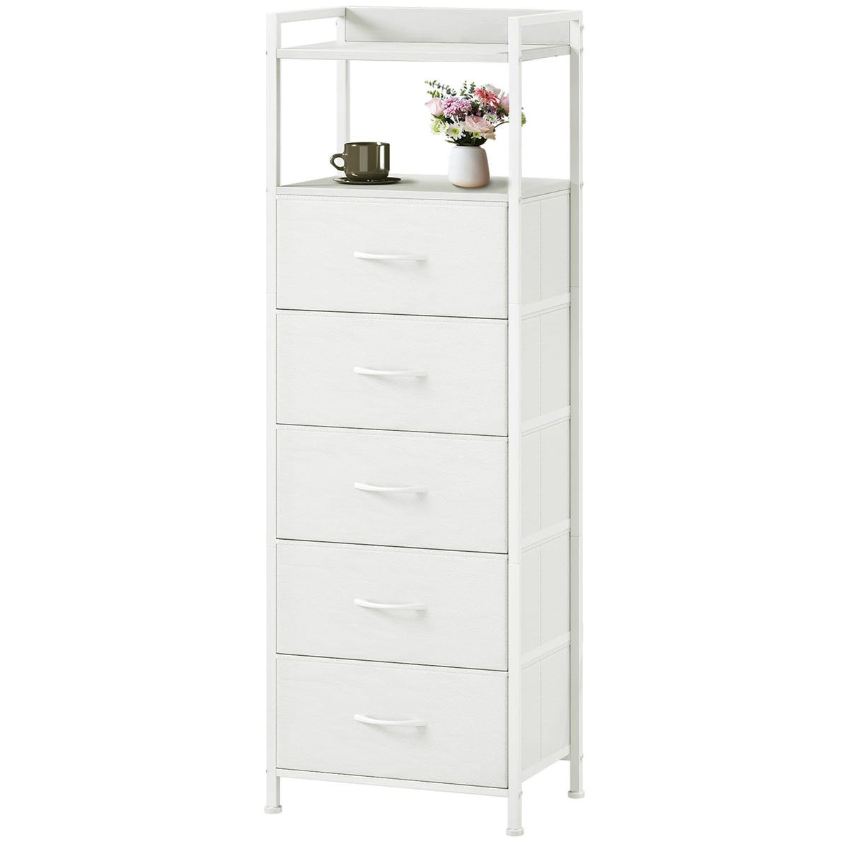 Somdot tall dresser with five fabric drawers in the bedroom keeps clothing organized.