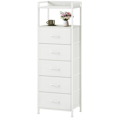 Somdot tall dresser with five fabric drawers in the bedroom keeps clothing organized.