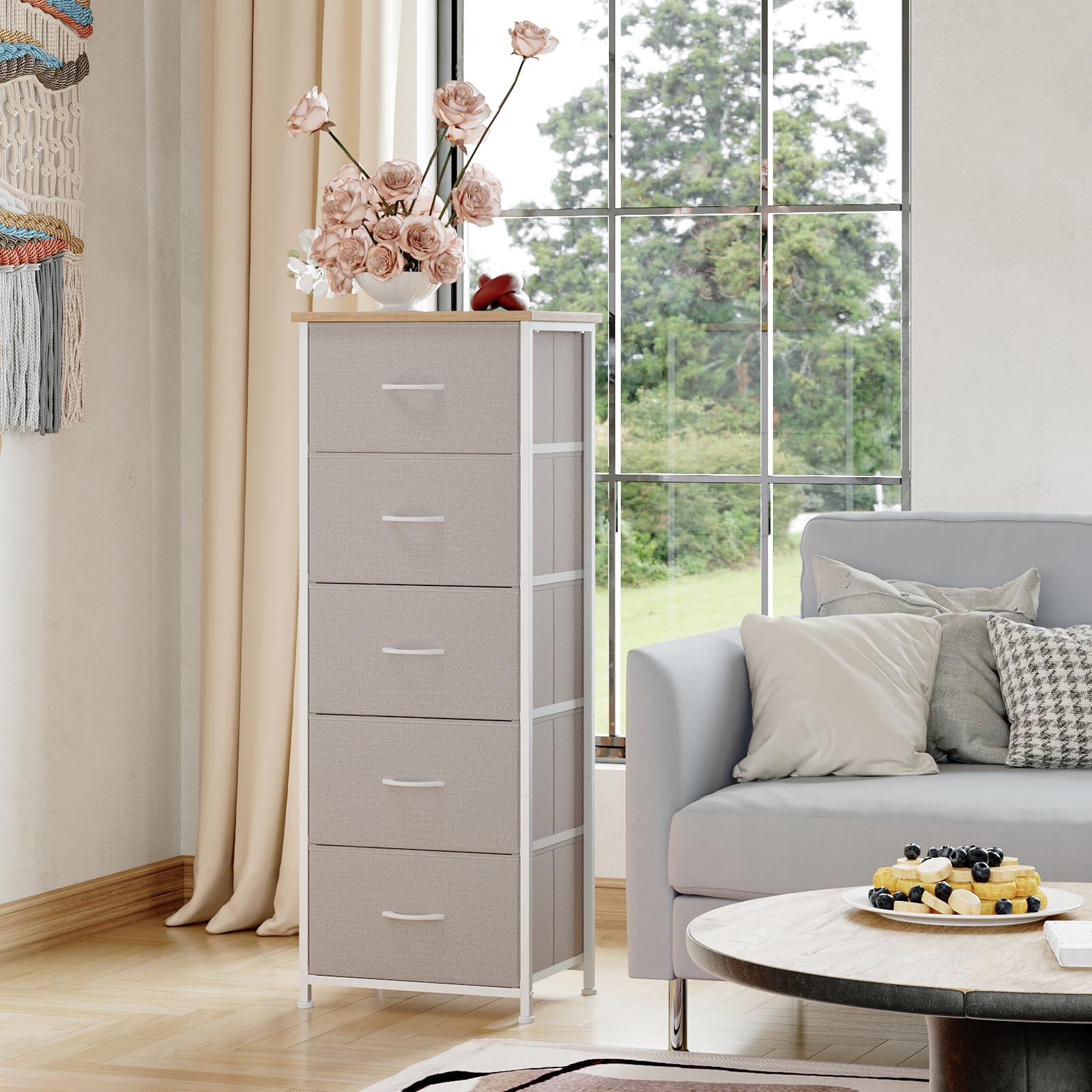 Somdot tall dresser ash grey in a bedroom setting with tidy surfaces