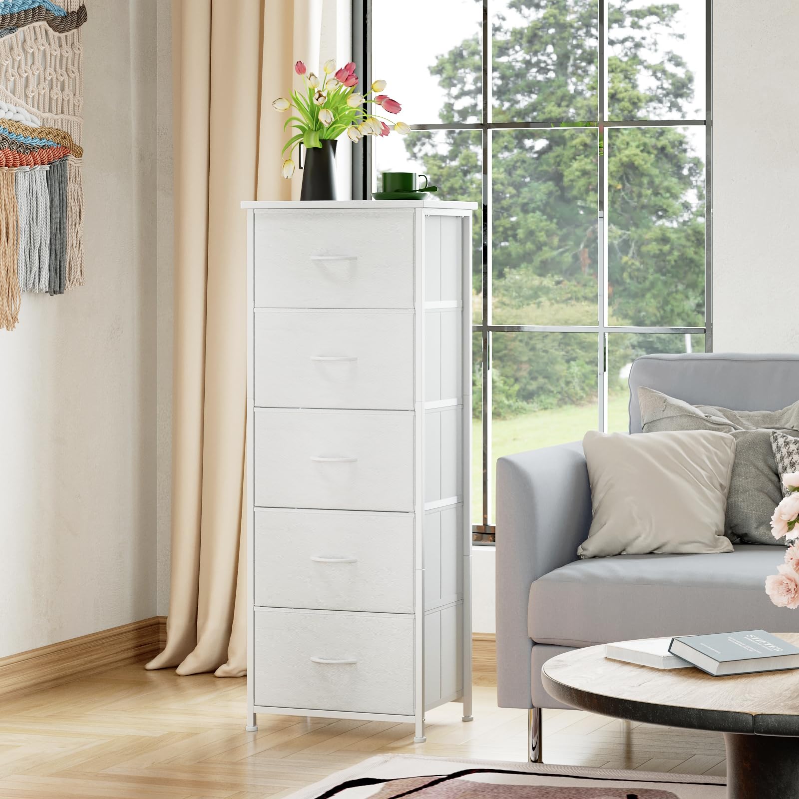 Bedroom-ready Somdot tall dresser provides compact storage and style.