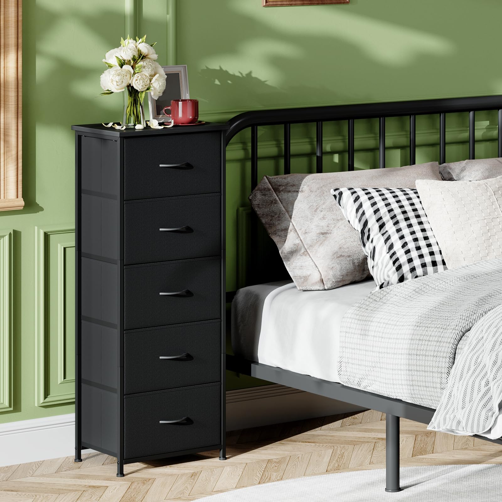 Removable fabric bins on the Somdot dresser aid versatile organization.