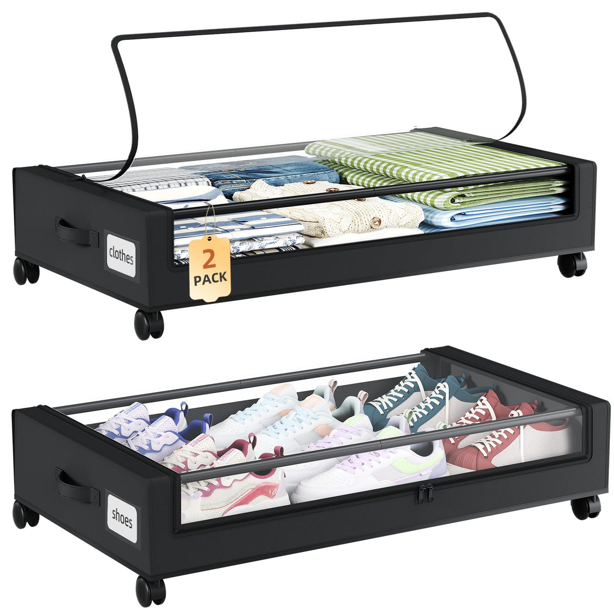 Somdot under-bed storage with wheels shows a heavy-duty frame for organized seasonal clothing.