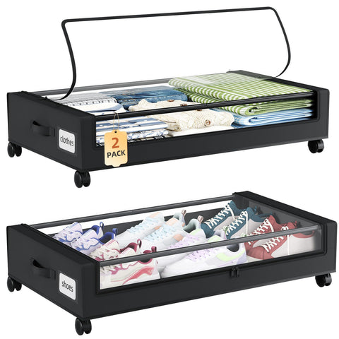 Somdot under-bed storage with wheels shows a heavy-duty frame for organized seasonal clothing.