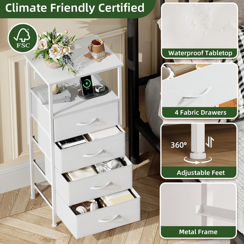 Somdot white nightstand offers 4 drawers and fabric bins for organization
