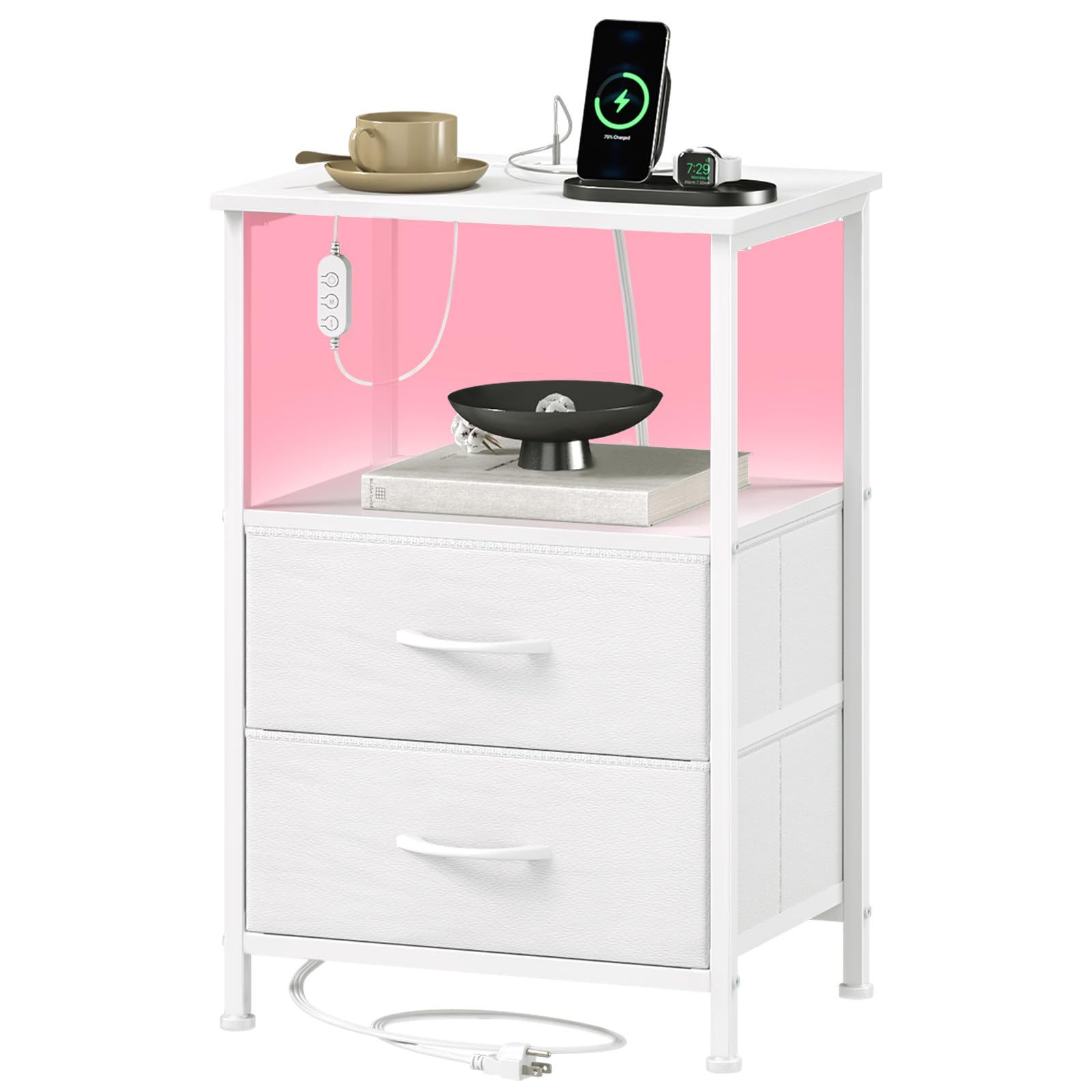 Somdot white nightstand with charging station keeps devices powered at your bedside for easy mornings.