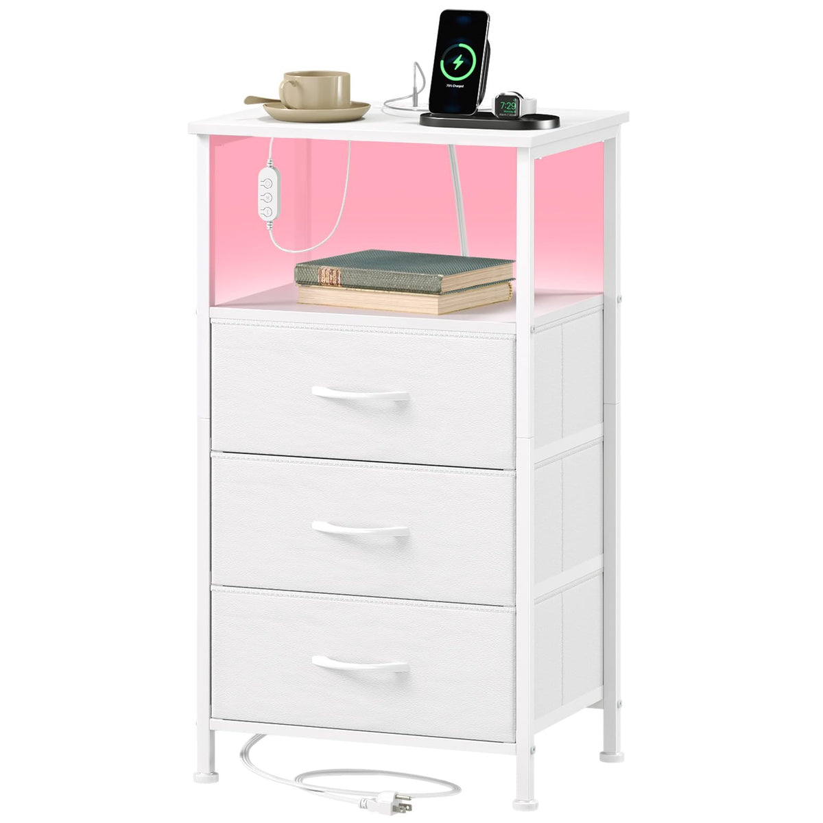 Somdot white nightstand with charging station keeps devices powered within arm's reach.