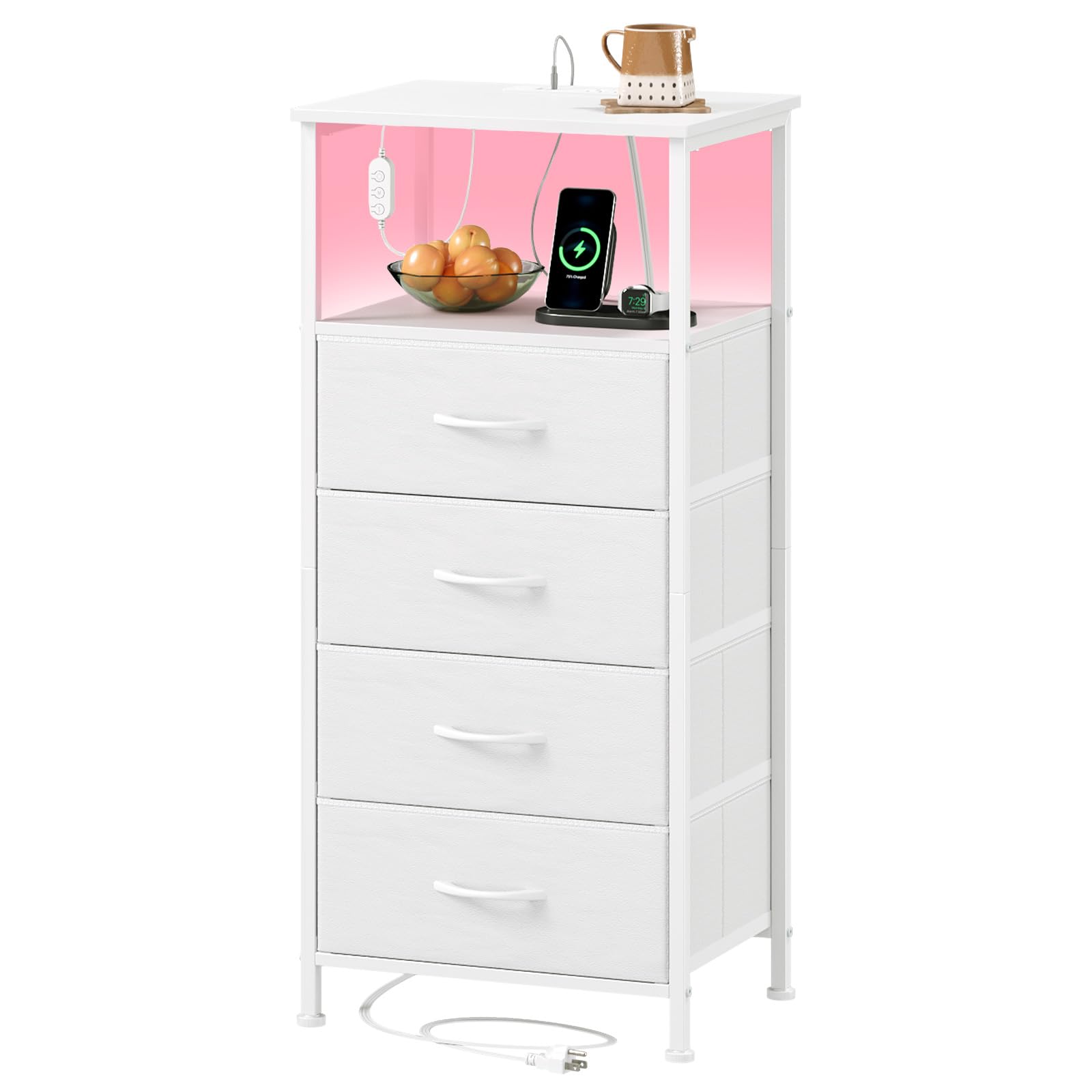 Somdot White Nightstand with charging station keeps bedside devices powered