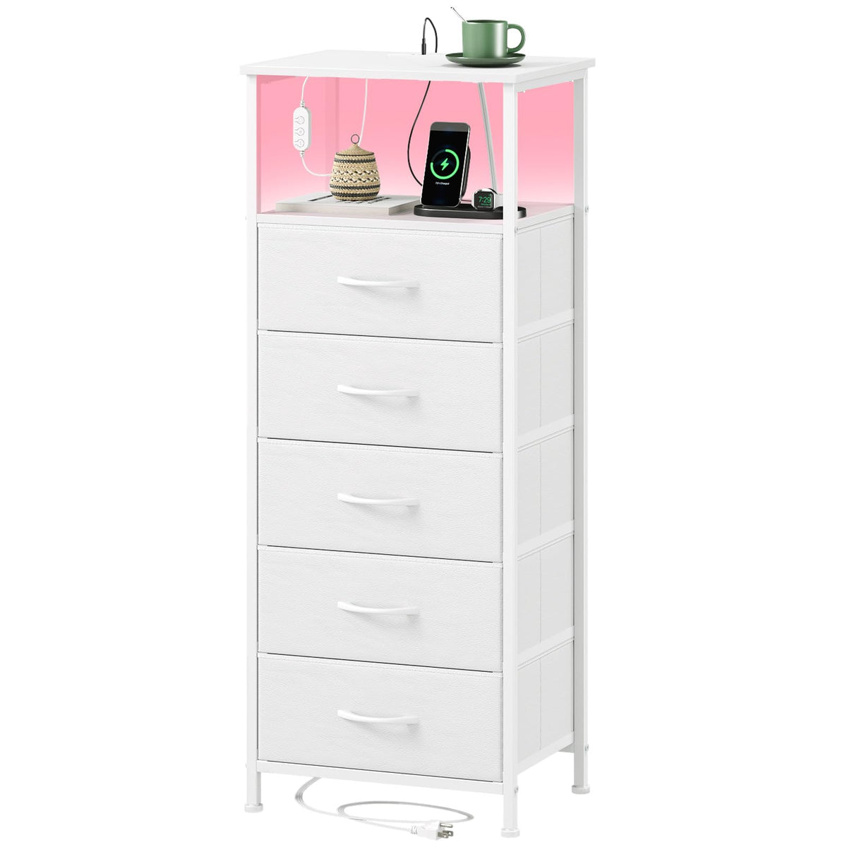 Somdot white nightstand charging-station beside bed powering devices easily