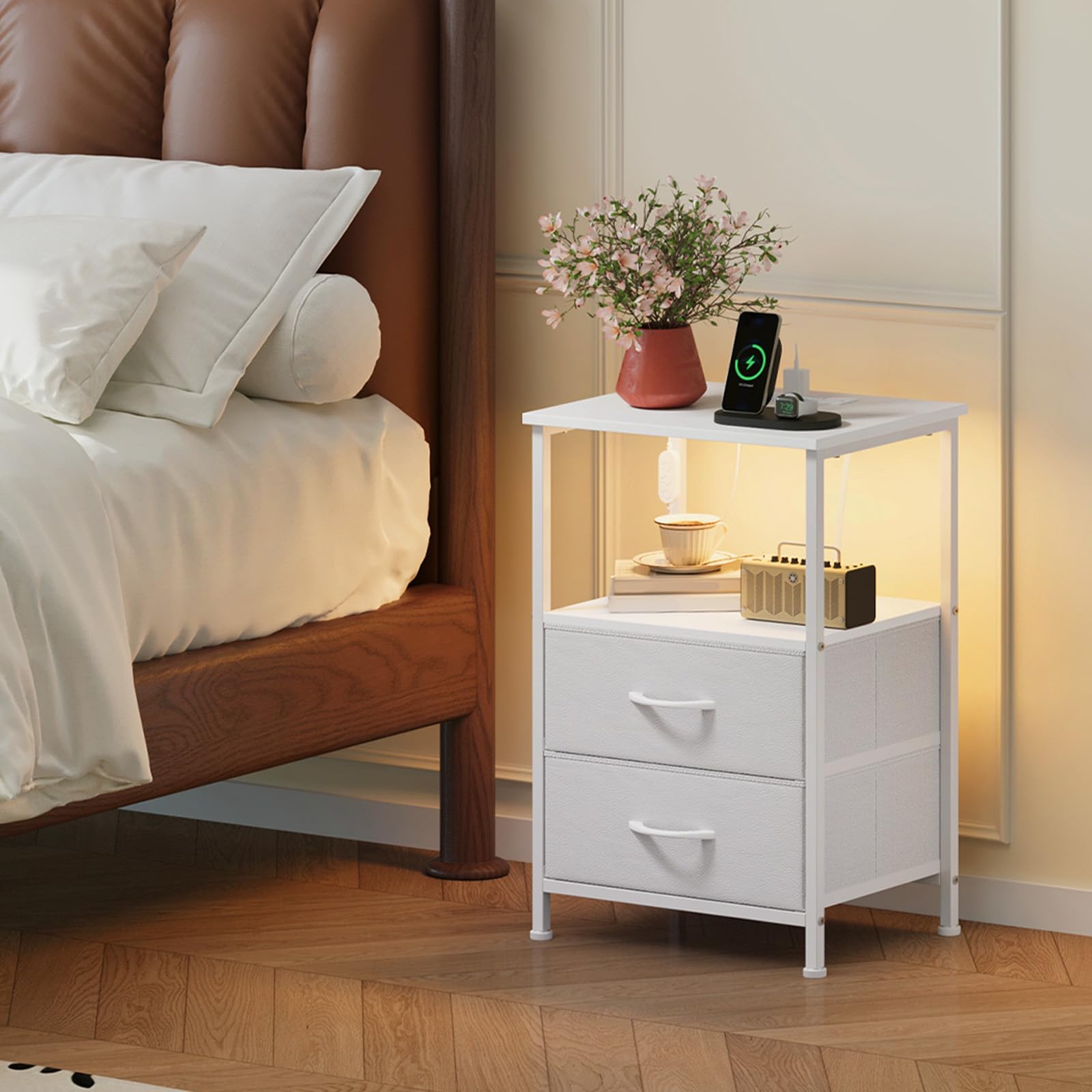 Somdot white nightstand LED light strip adds ambient lighting for reading and relaxing evenings.