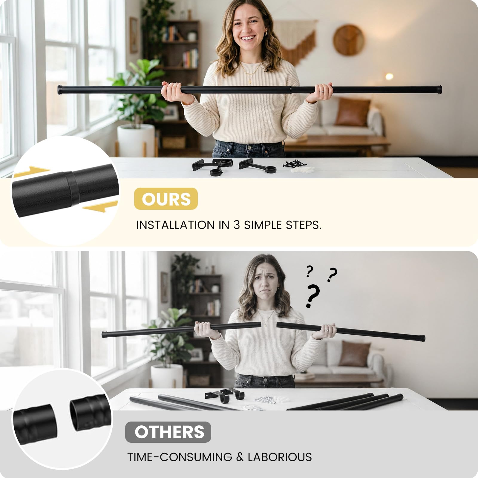 SOMINS curtain rod supports up to 40 lbs for heavier drapes.