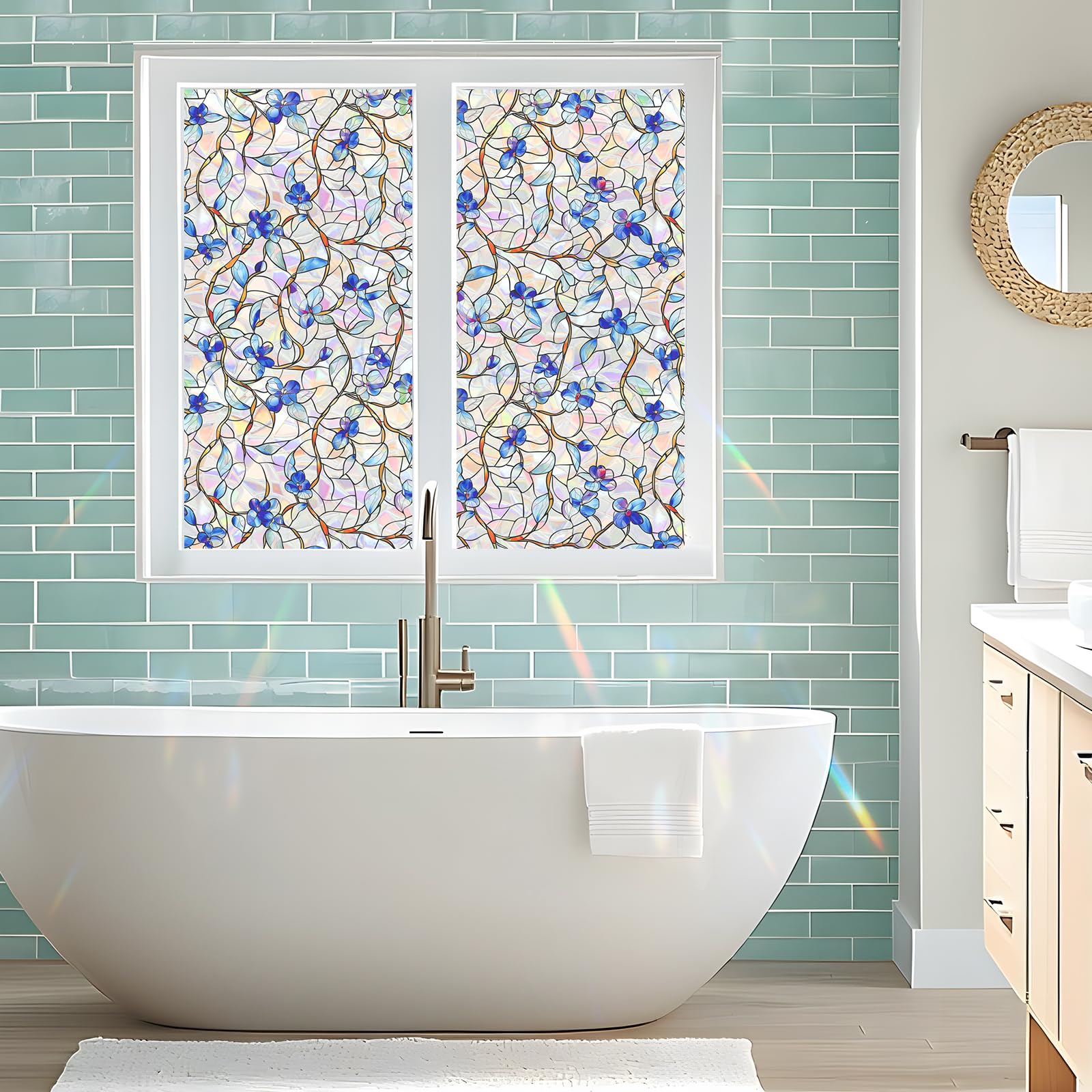 Somwise Rainbow Window Film features a vivid botanical floral pattern for decor.
