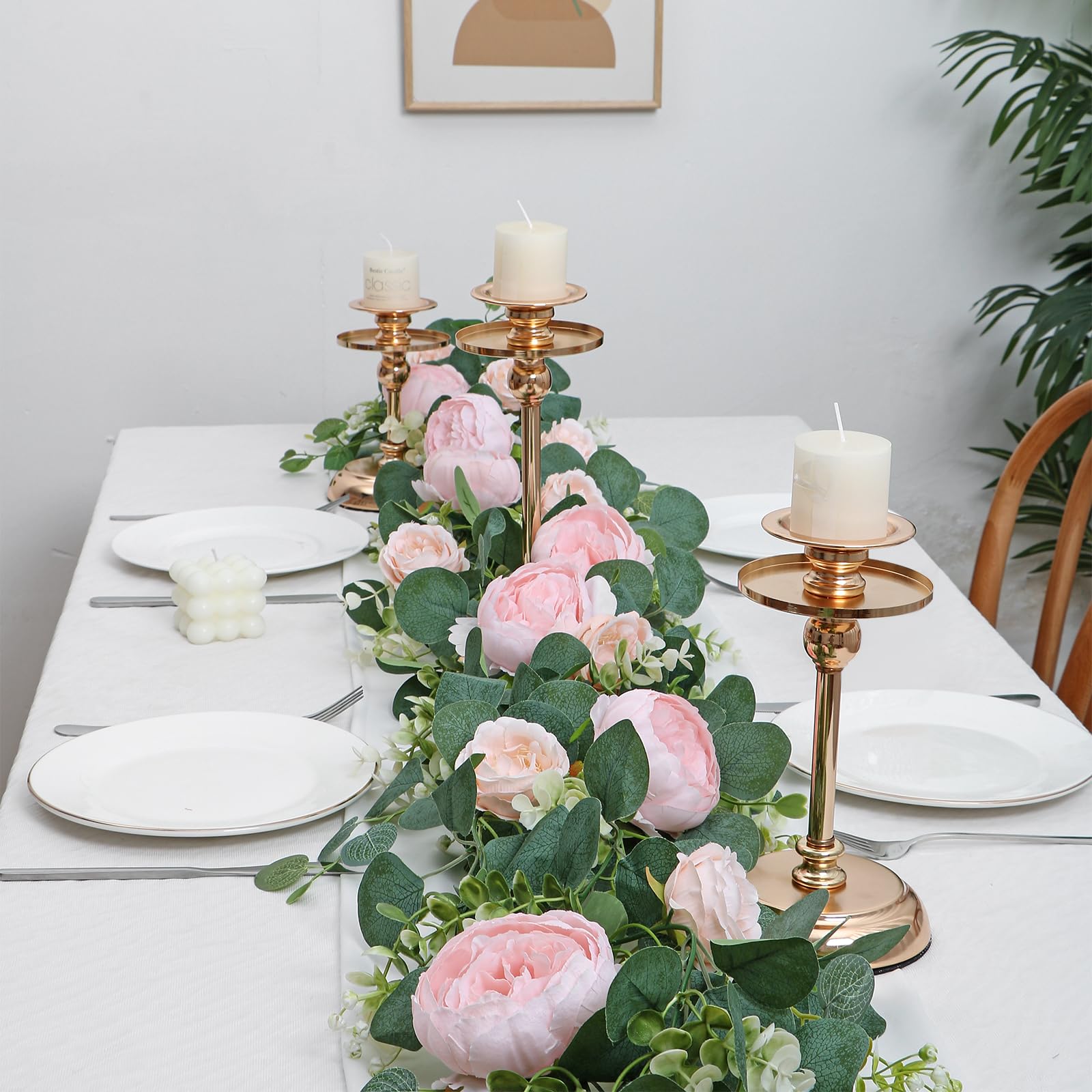 SOMYTING garland close-up shows peonies and roses with silk blooms.