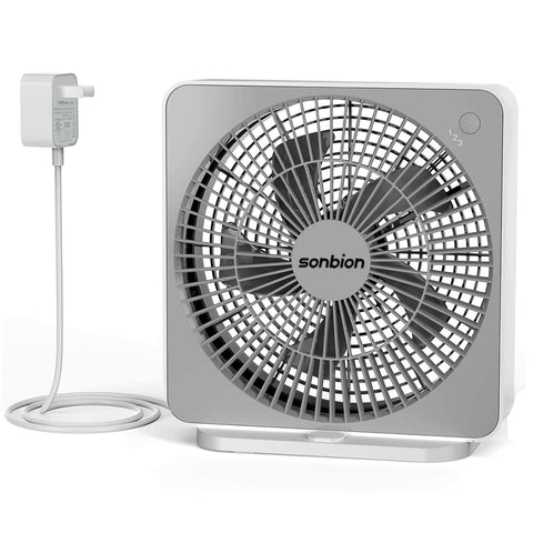 SONBION 10 Inch Box Fan shown in a compact design for small spaces and easy placement.