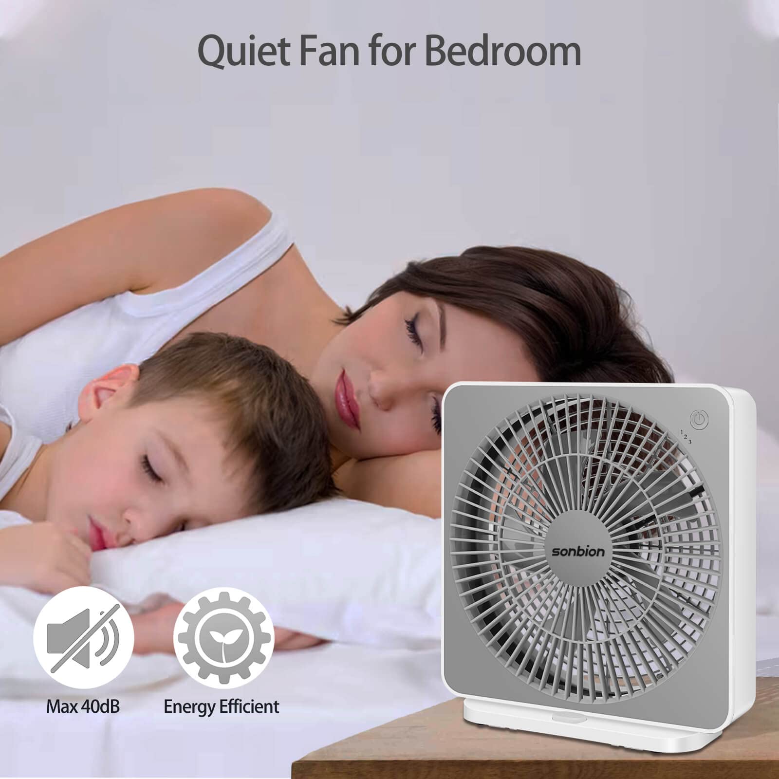 SONBION square desk fan portable design fits desks easily.
