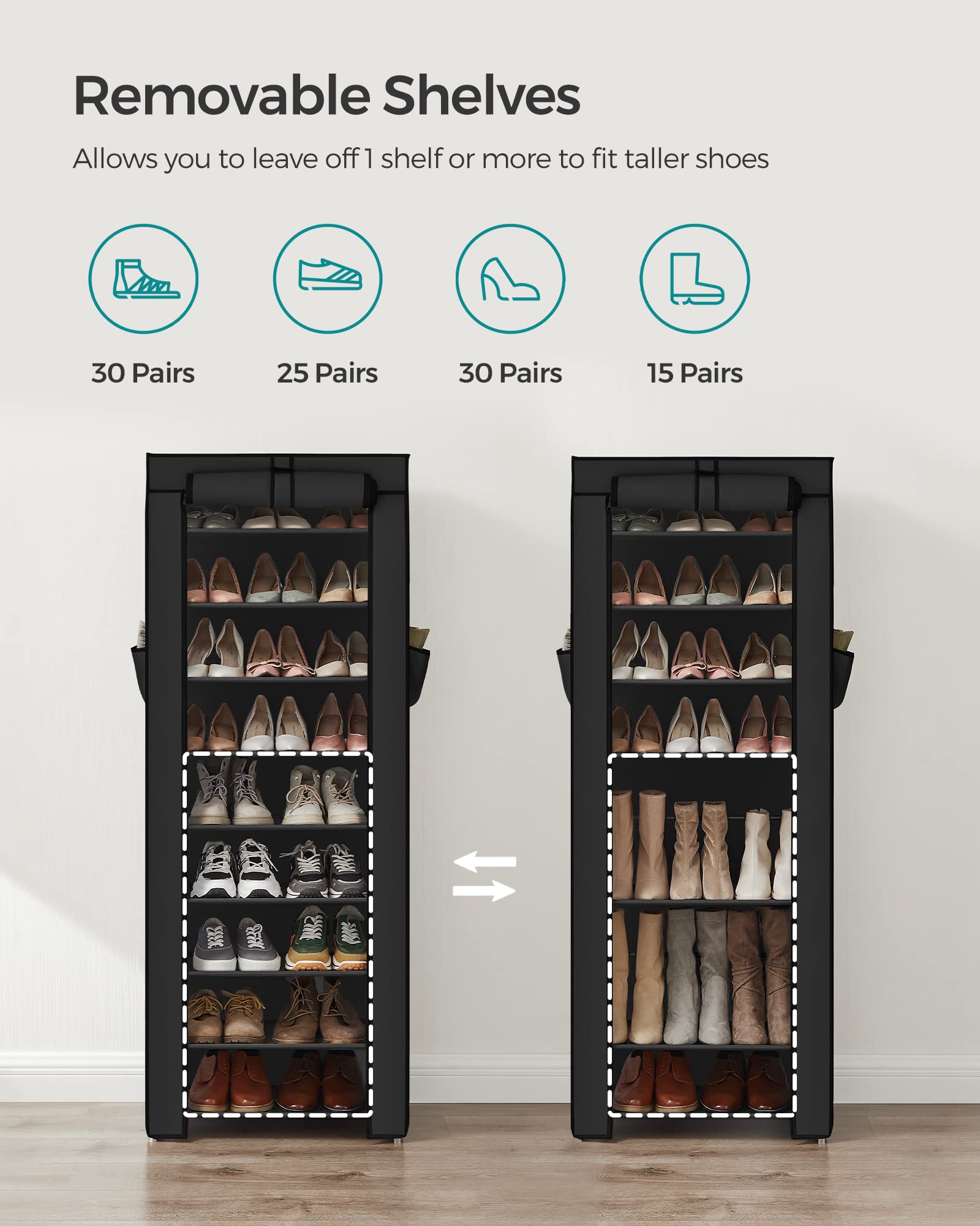 SONGMICS 10-tier rack with adjustable shelves fits boots and tall shoes