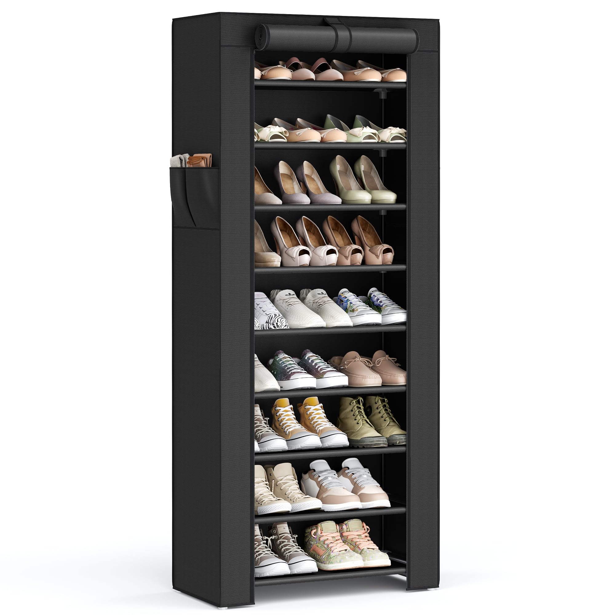 SONGMICS 10-tier shoe rack assembly showing easy setup for organized footwear storage