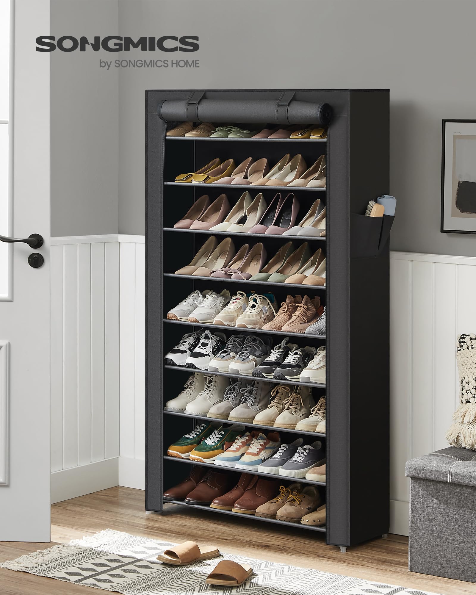 SongMics 10-tier rack dustproof cover close-up showing clean, protected shoes.
