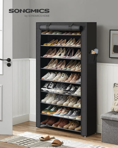 SongMics 10-tier rack dustproof cover close-up showing clean, protected shoes.