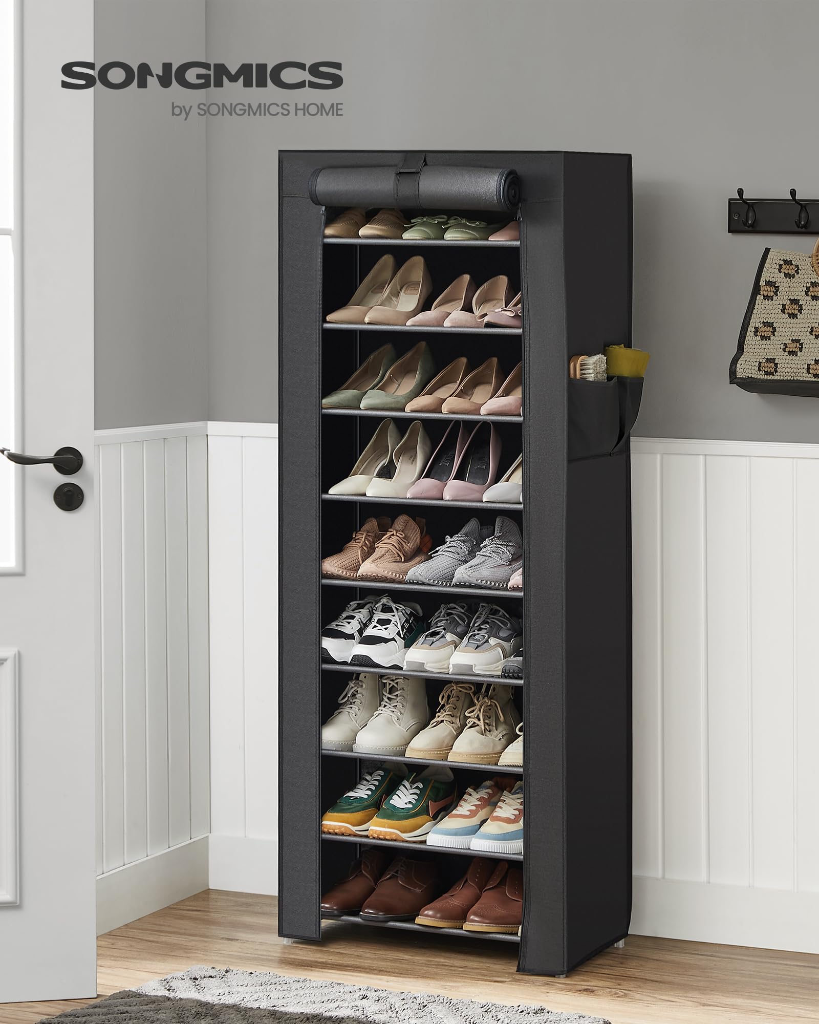 SONGMICS 10-tier shoe rack with dustproof cover keeps shoes dust-free