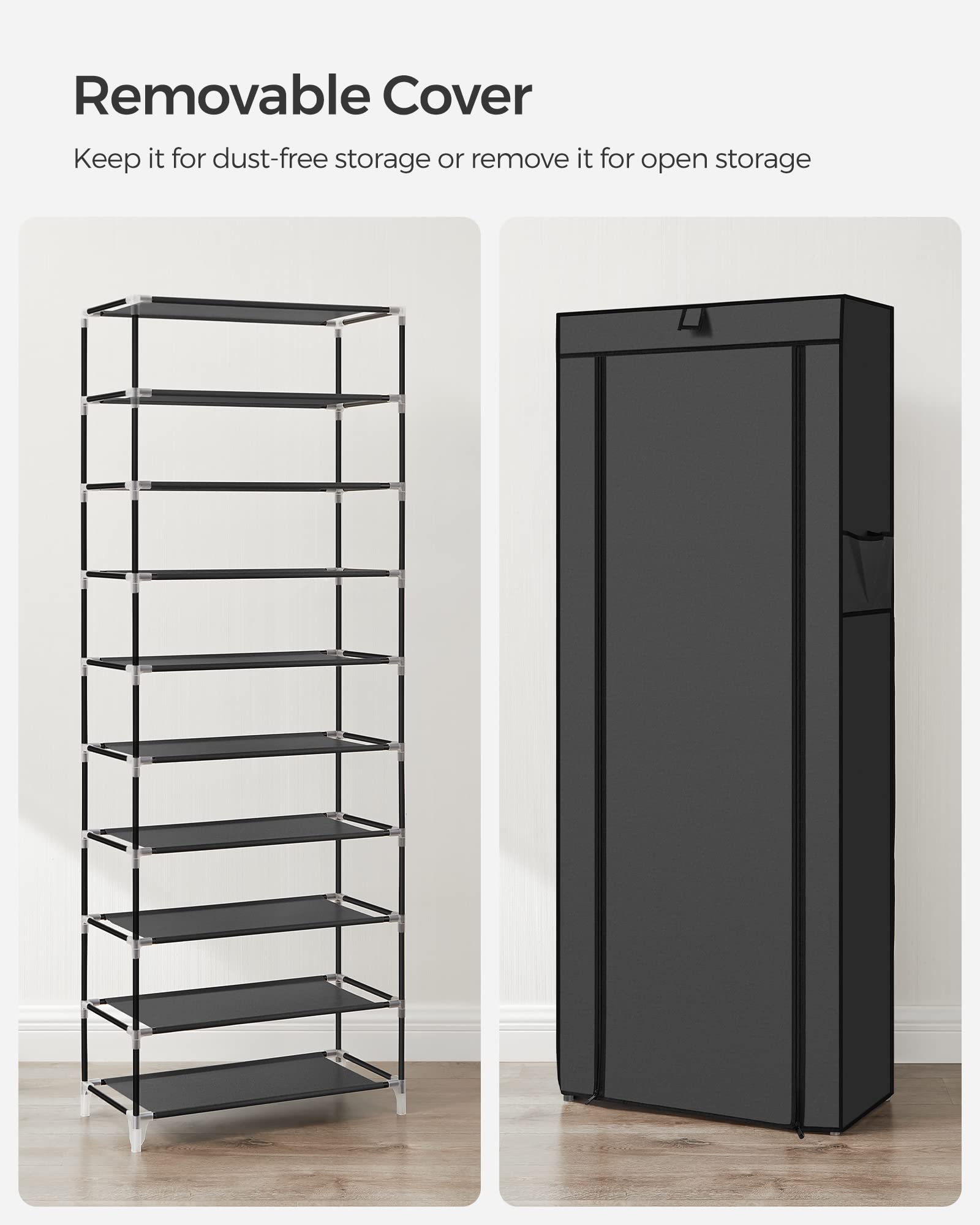 SONGMICS full-capacity rack holds sneakers, flats, and boots with organized clarity