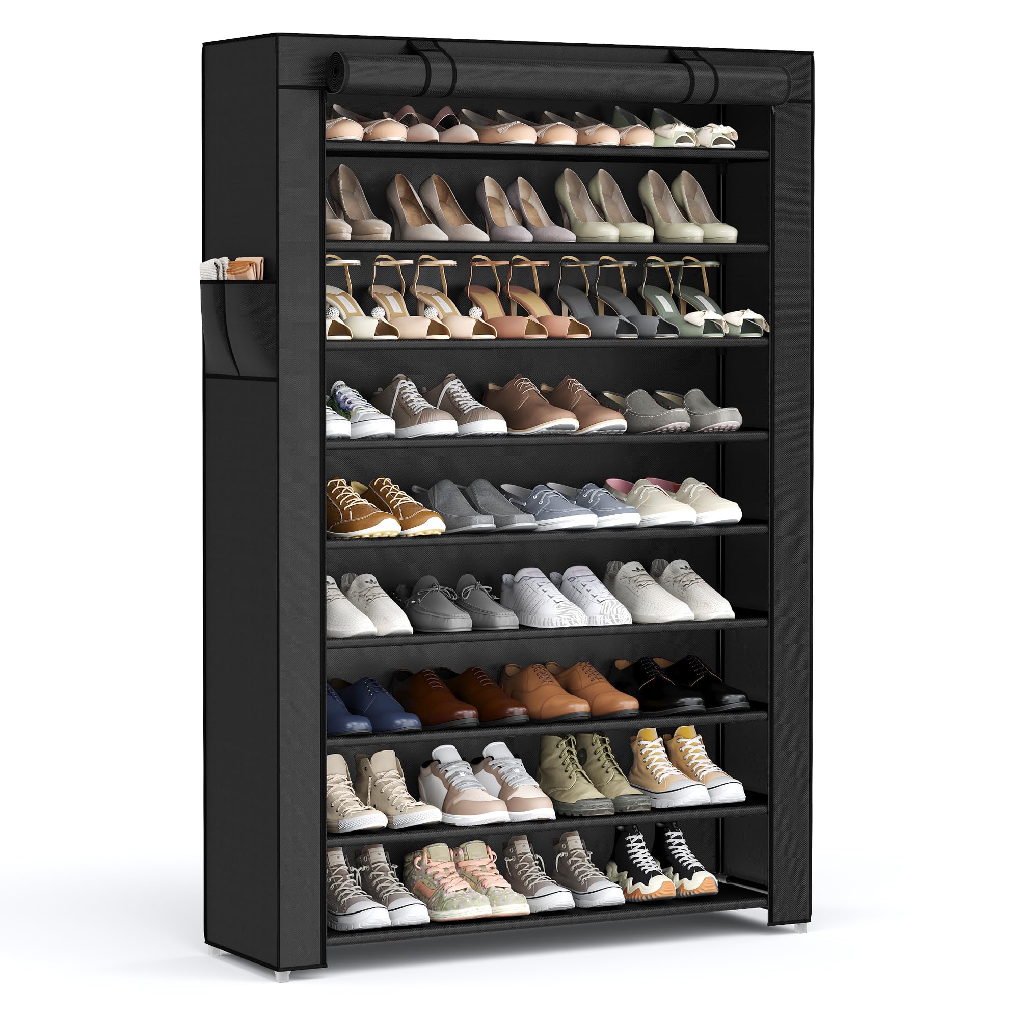 SongMics 10-tier shoe rack fully loaded with sneakers and heels, maximizing closet storage.