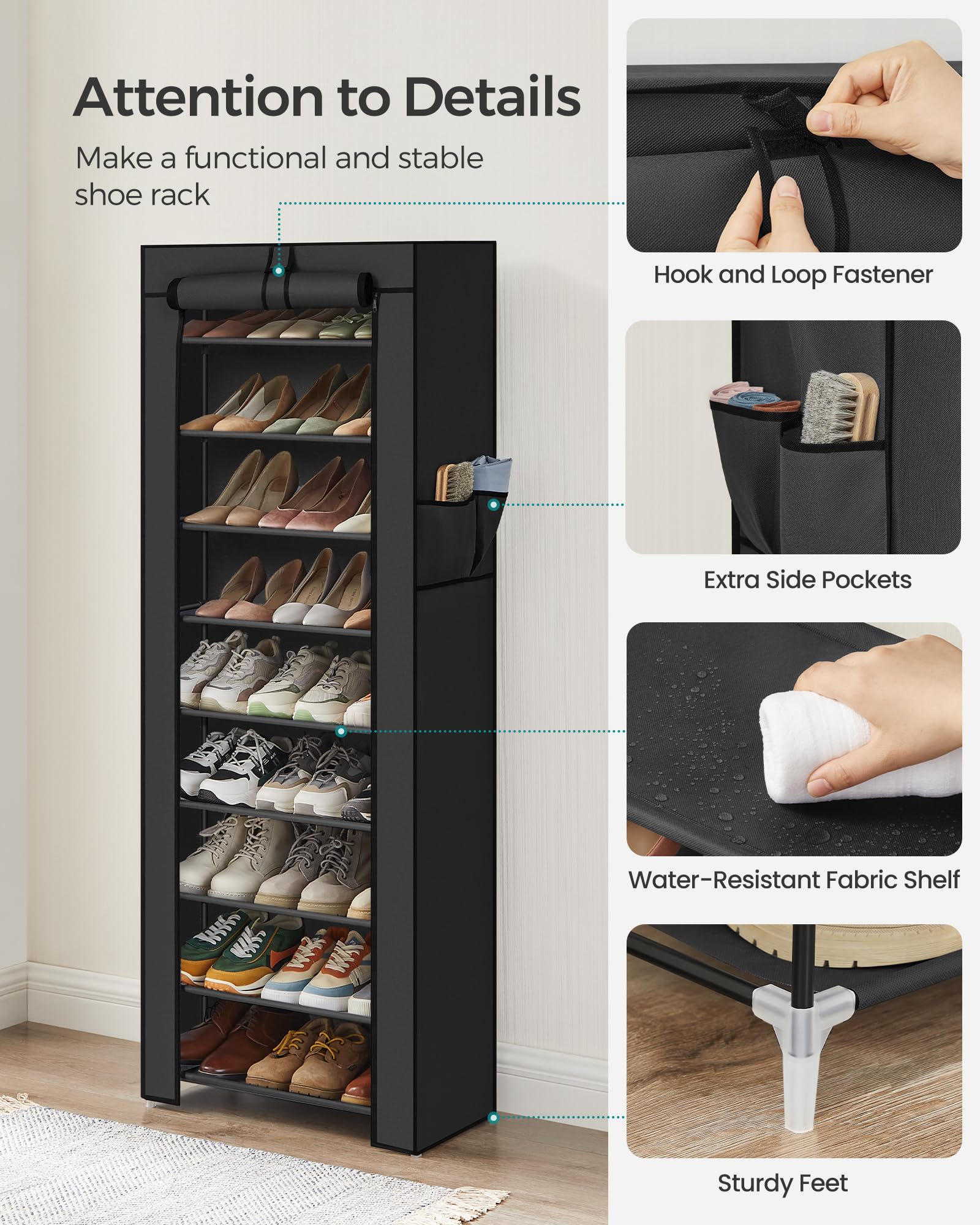 SONGMICS sturdy tubes and connectors ensure stable shoe storage