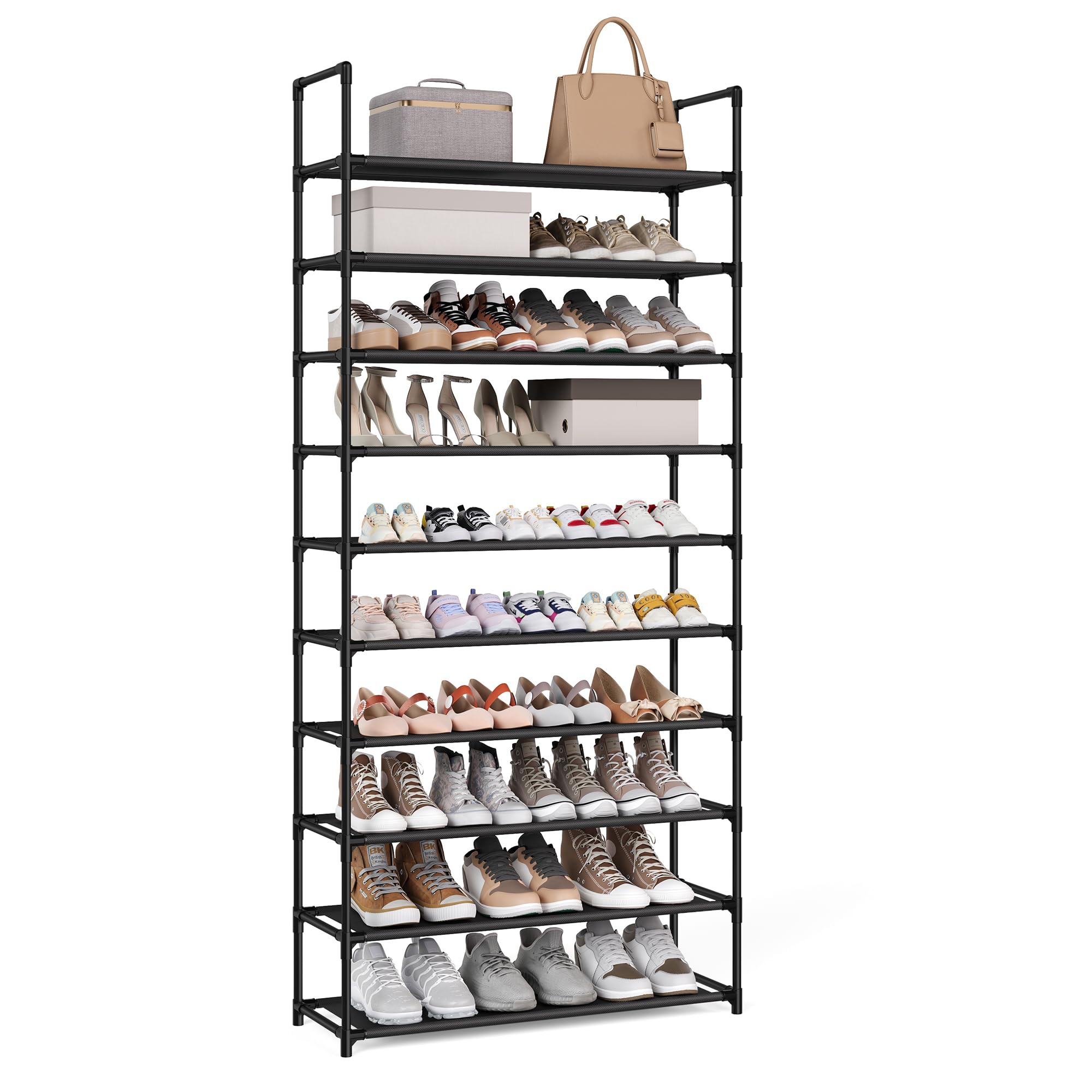Songmics 10-tier shoe rack front view with ample storage for multiple pairs.