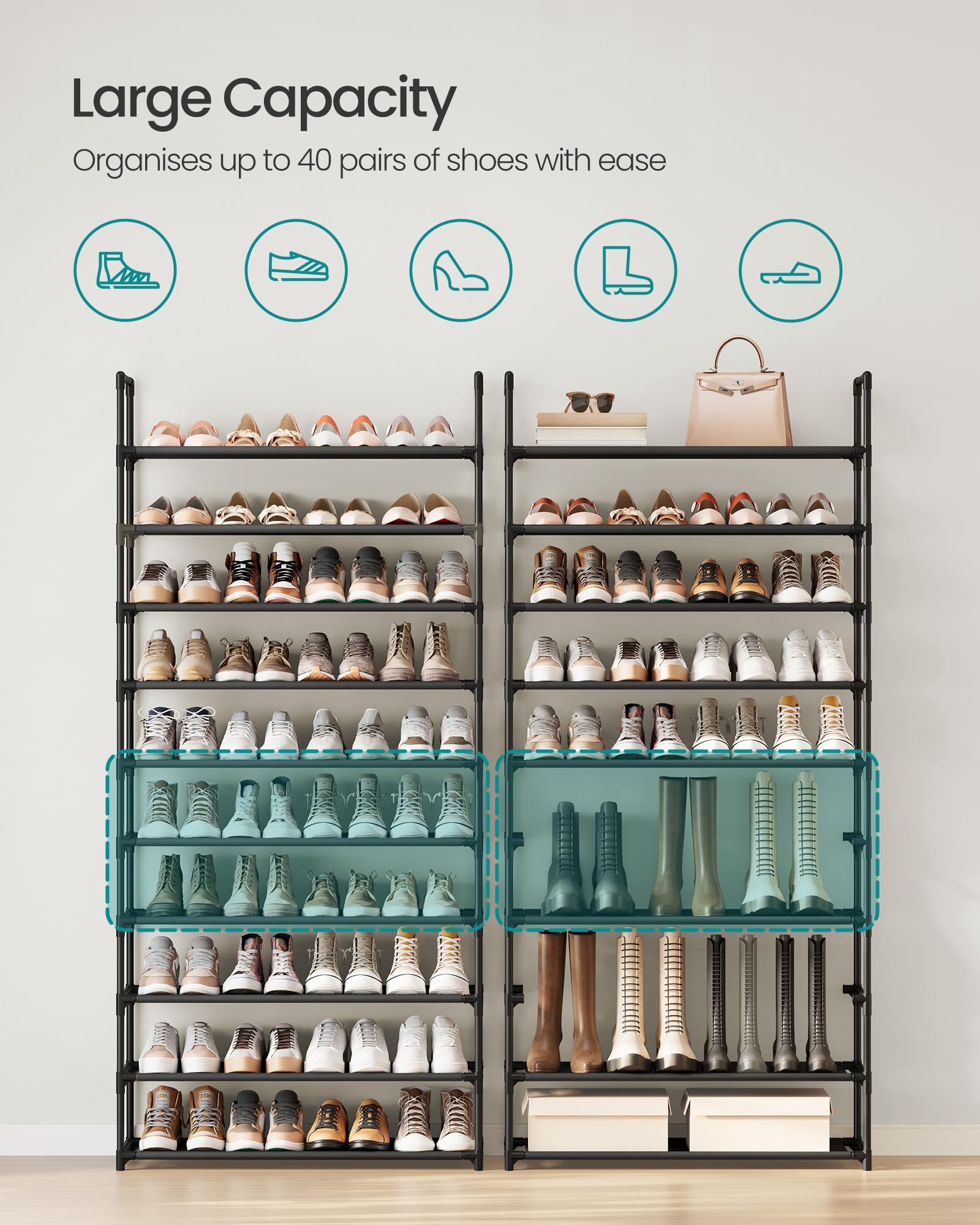Songmics 10-tier shoe rack removable-shelf view shows easy height adjustment for boots.