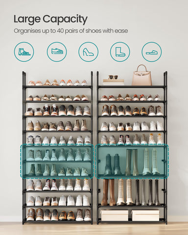 Songmics 10-tier shoe rack removable-shelf view shows easy height adjustment for boots.