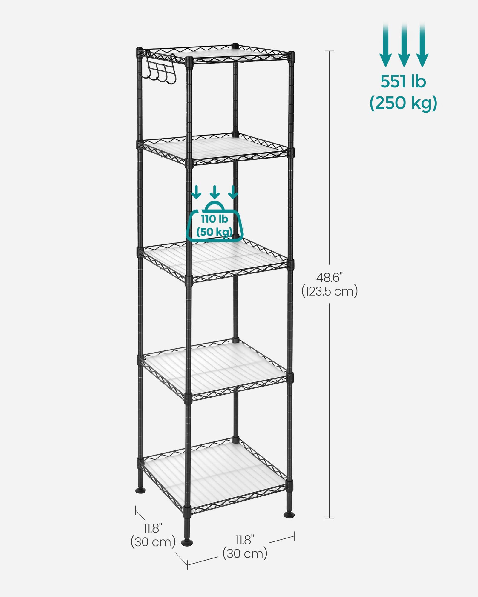SONGMICS compact footprint fits 11.8 by 11.8 inches of bathroom space.