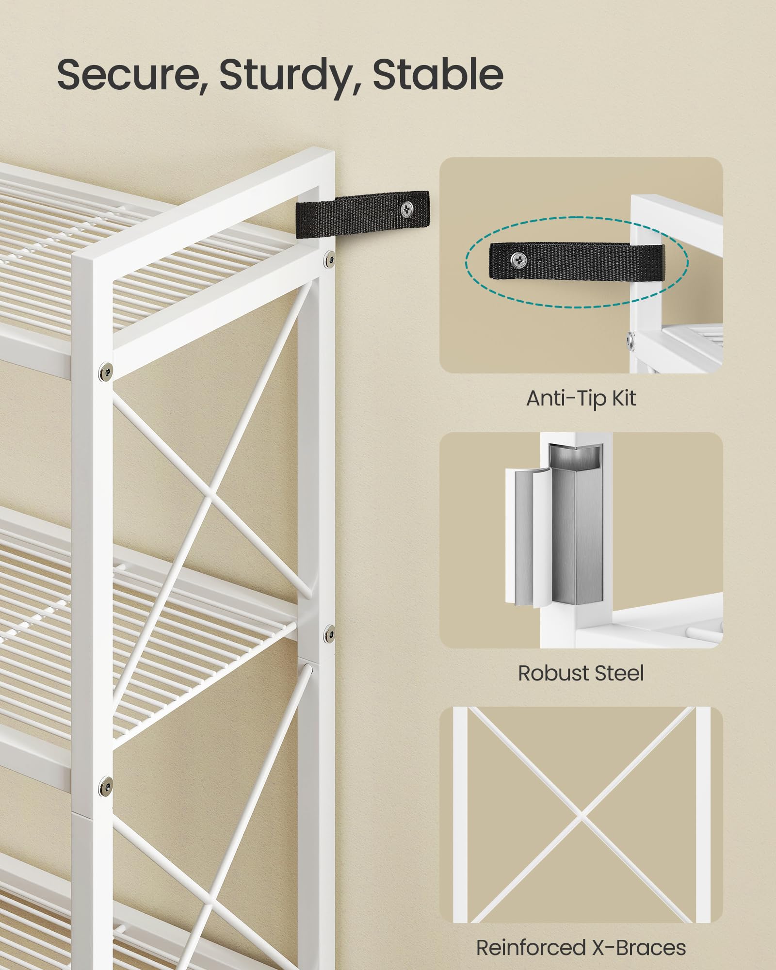 Each shelf supports up to 110 lb, ideal for heavy cookware and supplies