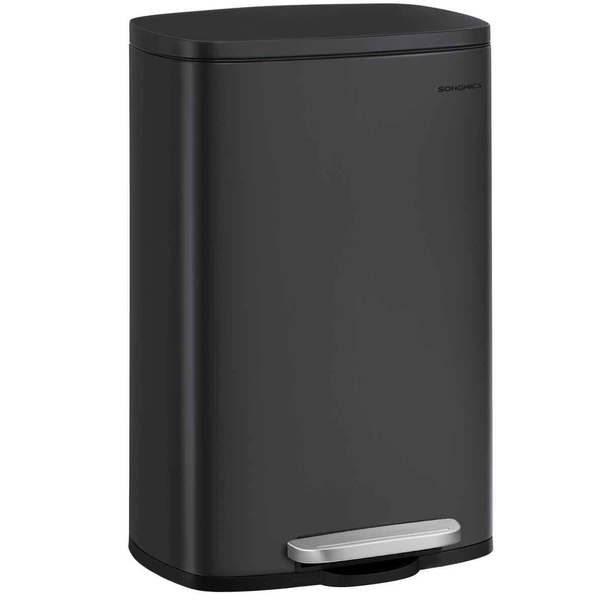 SONGMICS 13-gallon trash can front view in stainless steel, ideal for compact kitchens.