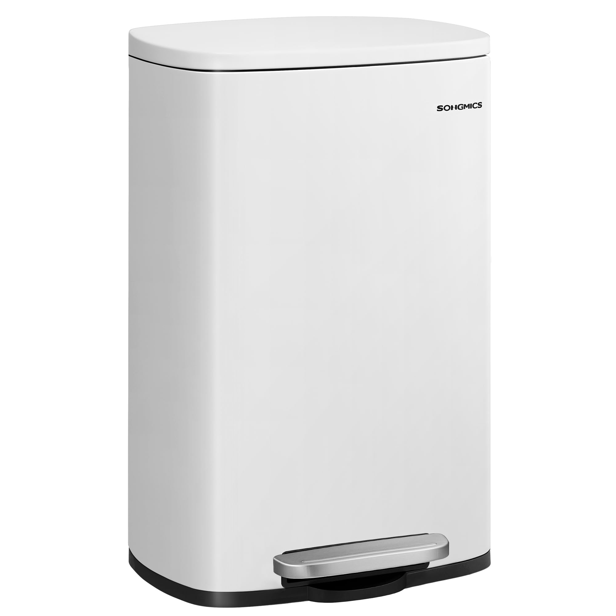Songmics 13-gallon trash can front view with a sleek stainless steel finish for kitchens