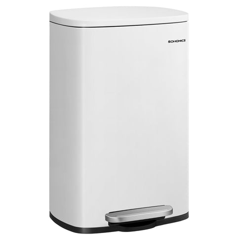 Songmics 13-gallon trash can front view with a sleek stainless steel finish for kitchens
