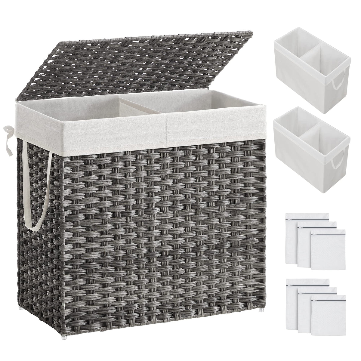 SONGMICS 130L clothes hamper with lid keeps odors in and organized laundry.