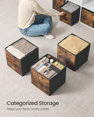 Songmics 133x133x133 inch cube organizers fit neatly into shelf openings.